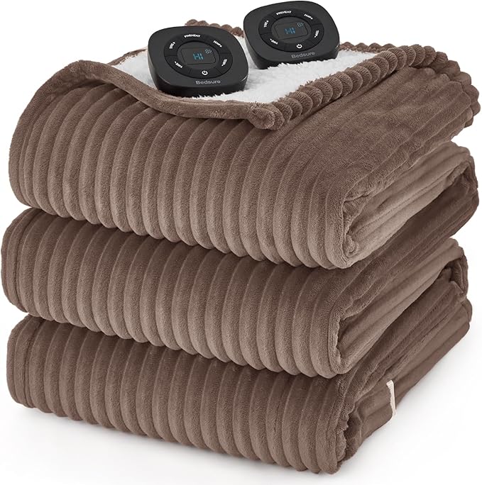 Bedsure GentleSoft Electric Blanket Queen Size - Soft Ribbed Flannel Heated Blanket with Dual Control, Heating with 10 Heat Settings & 10 Time Settings, 8 hrs Timer Auto Shut Off (84x90 inches, Brown)