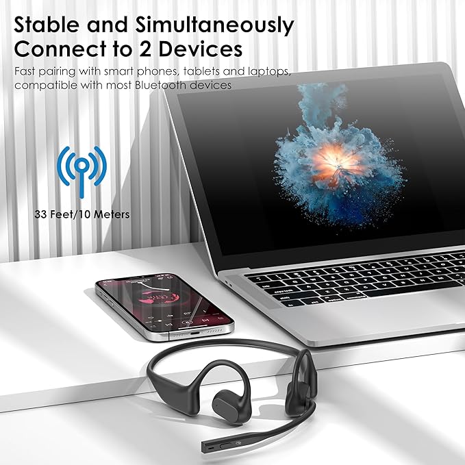 Open Ear Headphones with Mic, Bluetooth Headset with Microphone, Dual Connect Bluetooth 5.3 with AI Noise Cancelling Mic & Mute Function, Wireless Headset for Work, Sports, Drive