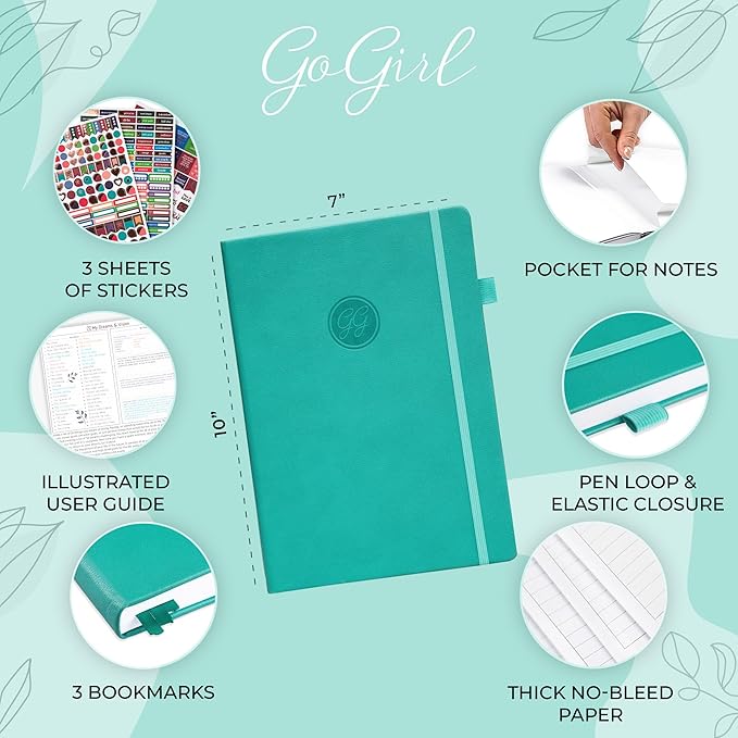 GoGirl Planner PRO Schedule - Undated Planner with Hourly Time Slots, Monthly, Weekly & Daily Organizer, Appointment Book for time Management, 7"x10" Hardcover, Lasts 1 Year - Turquoise