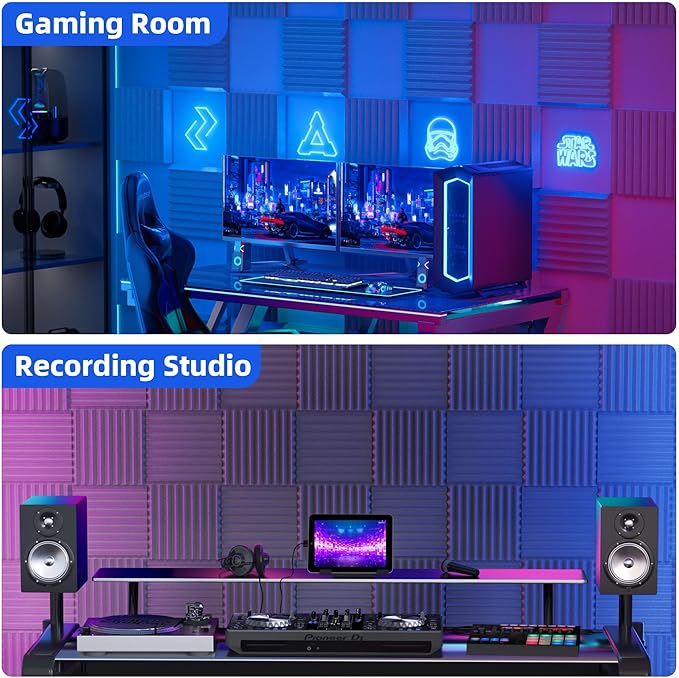 12 Pack Sound Proof Foam Panels for Wall with Self Adhesive, 2" X 12" X 12" High Density Acoustic Panels Sound Absorbing Quick-Recovery, Wedges Soundproof Wall Panels for Gaming & Studio - Gray