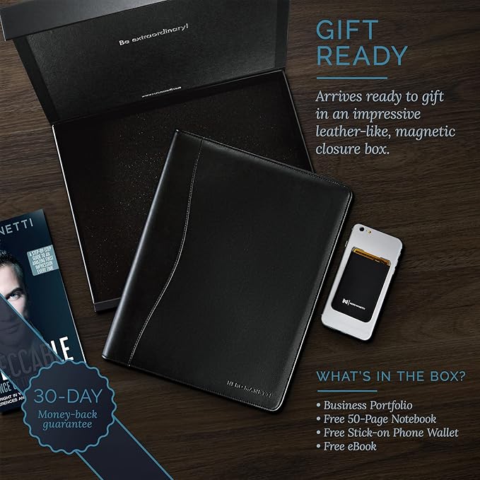 NERO MANETTI- Leather Portfolio Folder - Business PU Leather Portfolio Notepad Holder for Resumes, Legal Pad Portfolio Executive Binder, Professional Padfolio Notebook for Women/Men