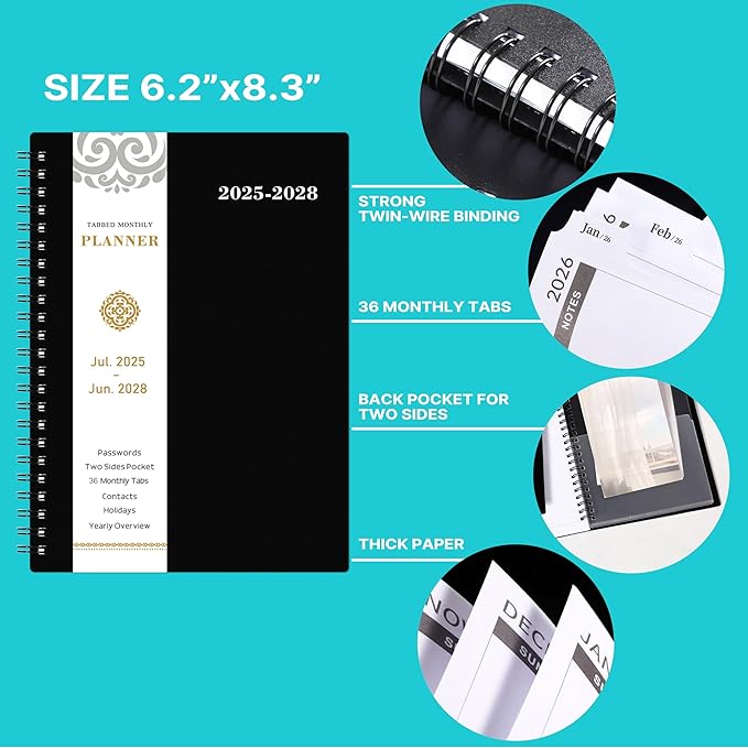 2025-2028 Monthly Planner/Calendar - 3 Year Monthly Planner 2025-2028, JUL 2025 - JUN 2028, 6.2" x 8.3", Inner Pocket, Polypropylene Cover, 36-Month Tabs