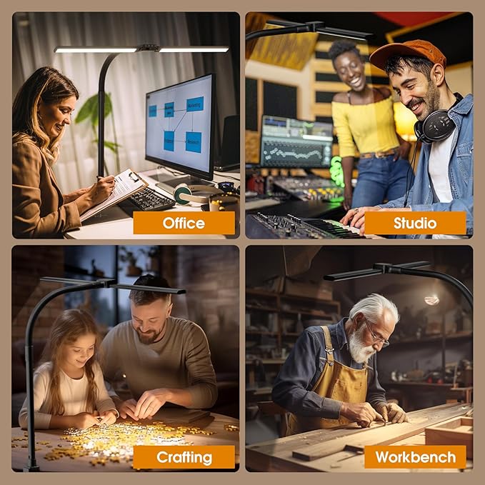 LED Desk Lamp for Home Office - Eye-Caring Computer Desk Light with Clamp, Rotatable Computer Lighting with Color Changing, Dimmable Monitor Table Lamp with Gooseneck, Double Head, Black