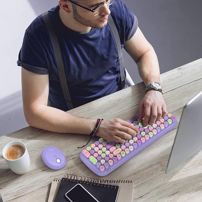 MOFII Wireless Keyboard and Mouse, Typewriter Full Size Keyboard with Number Pad and 2 in 1 USB Connected Mouse for Mac, Windows 7/8/10, Laptop, Desktop, PC, Computer (Purple Colorful)