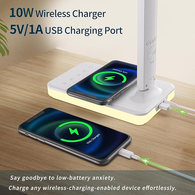 LED Desk Lamp with Wireless Charger, USB Charging Port, Reading Lamp Desk Light with 5 Brightness, 3 Colors, Table Lamp with Clock, Alarm, Date, Temperature, Desk Lamp for Home Office Study (White)