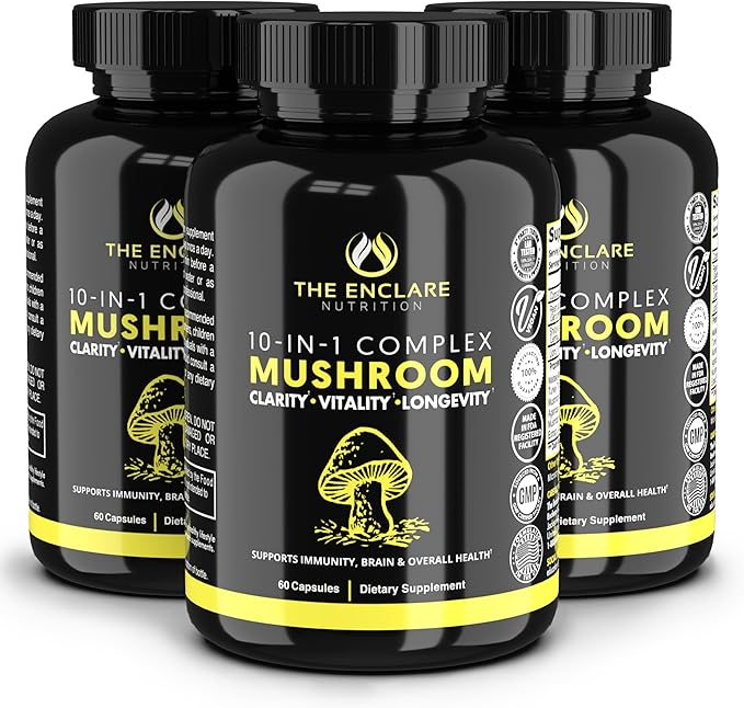 THE ENCLARE NUTRITION Mushroom Supplement - 10in1 Complex Immune Support, Energy, Nootropic Brain, Immunity Booster Lions Mane,Reishi,Turkey Tail,Cordyceps,Chaga,Maitake,Shiitake,Agaricus(3)