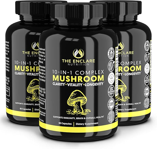 THE ENCLARE NUTRITION Mushroom Supplement - 10in1 Complex Immune Support, Energy, Nootropic Brain, Immunity Booster Lions Mane,Reishi,Turkey Tail,Cordyceps,Chaga,Maitake,Shiitake,Agaricus(3)