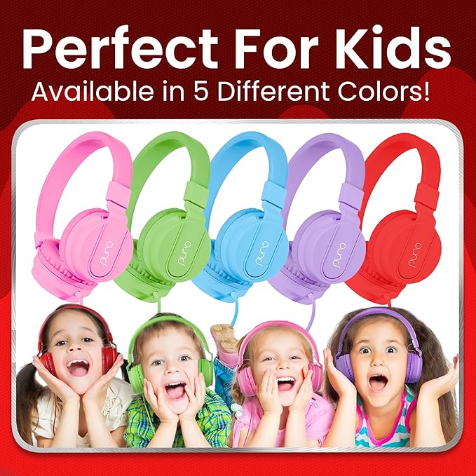 Puro Sound Labs PuroBasic Wired Headphones for Kids - Volume-Limiting & Adjustable with Microphone – Compatible with Smartphones, Tablets, PCs, and More – Safe, Durable Headphones for Kids – Red