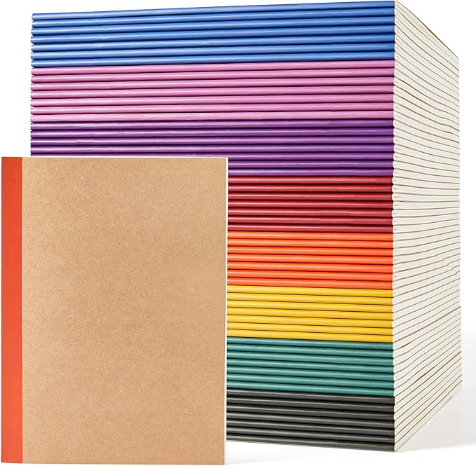 feela 56 Pack Composition Notebooks Bulk, Kraft Cover Lined Blank College Ruled Composition Travel Journals with Jewel Tone Spines For Women Students, 60 Pages, 8.3”x 5.5”, A5, 8 Vintage Colors