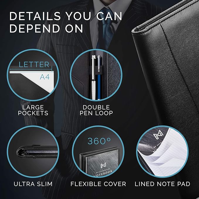 NERO MANETTI- Leather Portfolio Folder - Business PU Leather Portfolio Notepad Holder for Resumes, Legal Pad Portfolio Executive Binder, Professional Padfolio Notebook for Women/Men