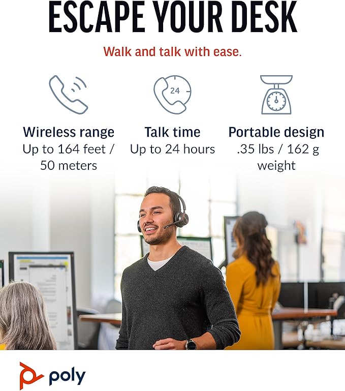 Poly Voyager 4320 UC Wireless Headset, Bluetooth Headphones with Mic - Noise-Canceling Boom Mic - Connect to PC via USB-C to USB-A Adapter, Cell Phone via Bluetooth - Microsoft Teams Certified