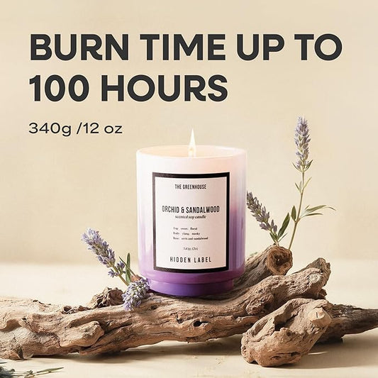 Hidden Label Orchid & Sandalwood Soy Candle, 12oz/75-Hour Burn Time, 100% Natural Candles Non Toxic, Aromatherapy Candle for Stress Relief, Meditation, Yoga & Relaxation