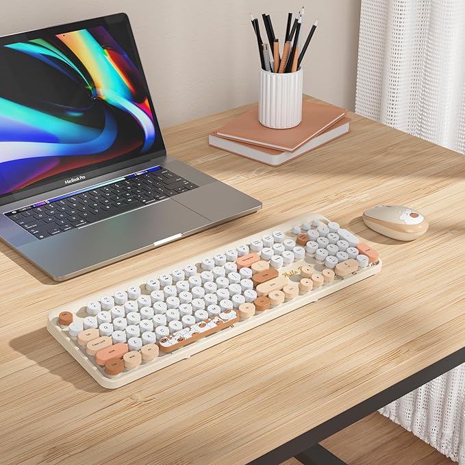 GTSP Creamy Wireless Keyboard and Mouse, Typewriter Office Full-Sized Colorful 2.4G Cute Aesthetic Keyboard for Computer, Laptop, PC Desktops（Brown）