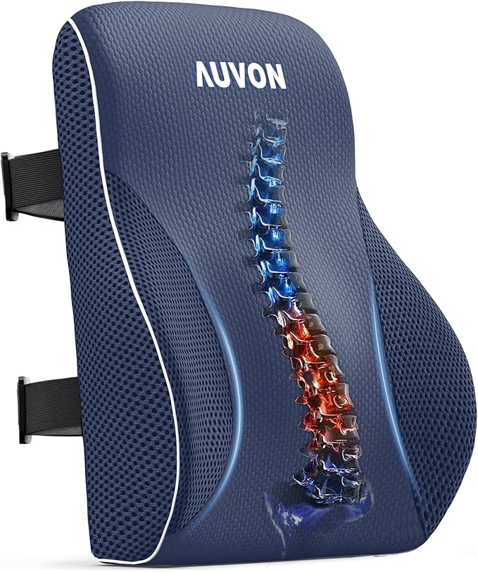 AUVON Lumbar Support Pillow for Office Chair, Lower Back Support, Ergonomic Office Home Essentials Improve Posture, Memory Foam Chair Cushion with Straps for Home, Office, Car (Blue)