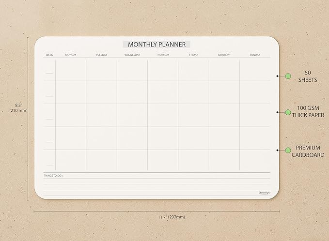 Undated Monthly Planner Notepad,Desk Calendar for Organizing&Scheduling Tasks-Productivity Tracker,Goals,Notes&To-Do Lists–A4 Size (8,3"X11,7")Premium Thick Paper with Cardboard Back Support 50 Sheets for Professionals.