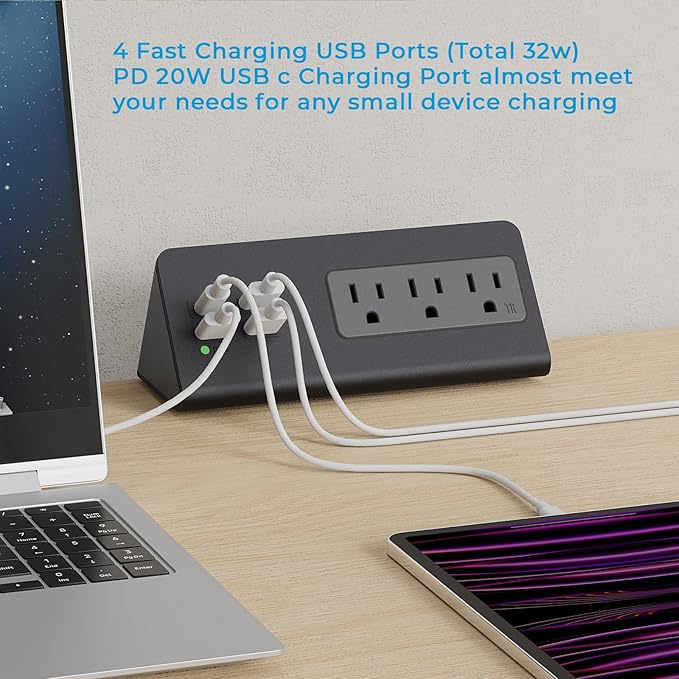 Nightstand Charging Station with PD 20W USB C, Nightstand Edge Power Strip with 3 AC Outlets, 4 Fast Charging USB Ports, Connect 6.56FT Flat Plug, Desk Surge Protector for Office Home Hotel, Black