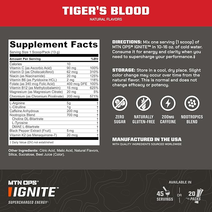 MTN OPS Ignite Energy Drink Powder, Gluten Free Nootropic Supplement Drink Mix, L Arginine, L Citrulline, Caffeine & Nootropic Sugar Free Drink Mix, 45 Servings, Tiger's Blood
