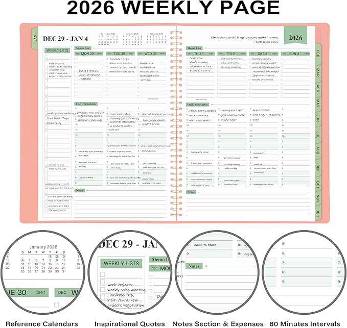 2026 Planner - 11.38'' x 8.74'', Weekly & Monthly Planner Notepad 2026, JAN. 2026 - DEC. 2026, Appointment Book, 60 Minutes Interval, Monthly Tabs, Faux Soft Leather, Spiral Bound - Rose Golden