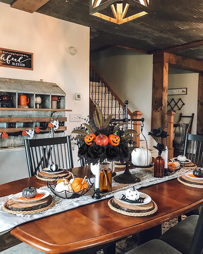 Halloween Artificial Flowers Decorations,Fake Black Roses Eucalyptus Pumpkins with Vase Arrangements Halloween Table Centerpiece for Kitchen Dining Living Room Home Indoor Decor