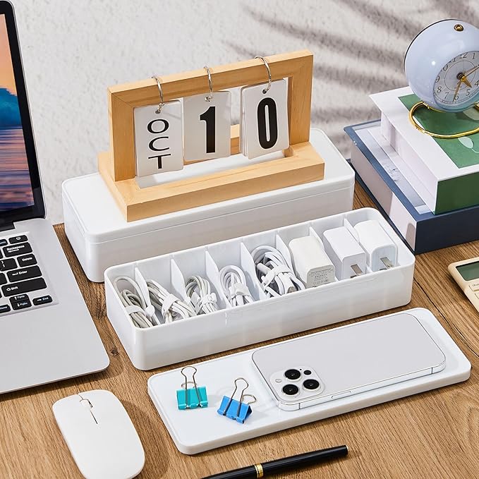 Tatuo 2 Pcs Cable Organizer Box with Wire Ties, Plastic Cord Storage Box with Lid, Electronics Organizer for Home Office Desk Organizers and Accessories (10.79'' X 3.78'' X 1.97'',White)