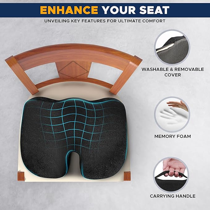 EcoNour Thick Seat Cushions for Tailbone Pain Relief (2 Pack) | Orthopedic Desk Chair Cushion for Office, Gaming Chair & Car Seat | Sciatica & Coccyx & Tail Bone Pain Relief for Long Sitting Elderly