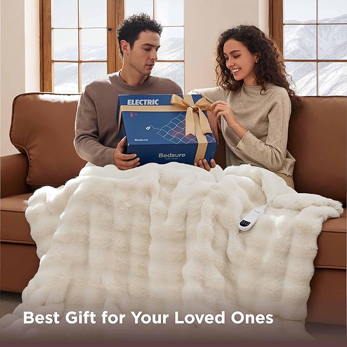 Bedsure Fluffy Bubble Faux Fur Heated Blanket Throw - Super Soft Electric Blanket, Heating with 6 Heating Levels, 4 Time Settings, 3-Hour Auto-Off, Decor Gifts for Home, White, 50x60 inches