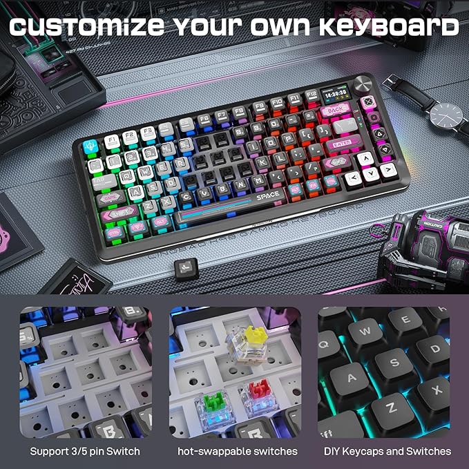 Redragon Wireless Mechanical Gaming Keyboard - Gasket-Mounted RGB Backlit, Custom Keys, 3-Mode(Bluetooth/2.4G/USB), Hot-Swap Pre-Lubed Switches, Screen & Control Knob - Cyber Mecha Style, Plasma Arc