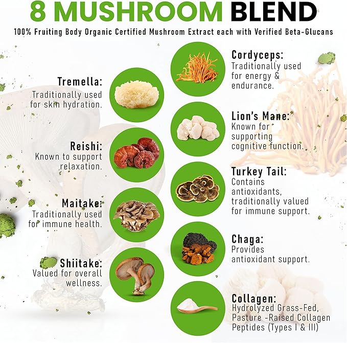 Organic Ceremonial Mushroom Matcha Certified Pesticide-Free Grass-Fed Collagen Types I & III 8 Fruiting Body Mushrooms Tested for Beta-Glucans Focus Digestion & Immunity 30 Servings