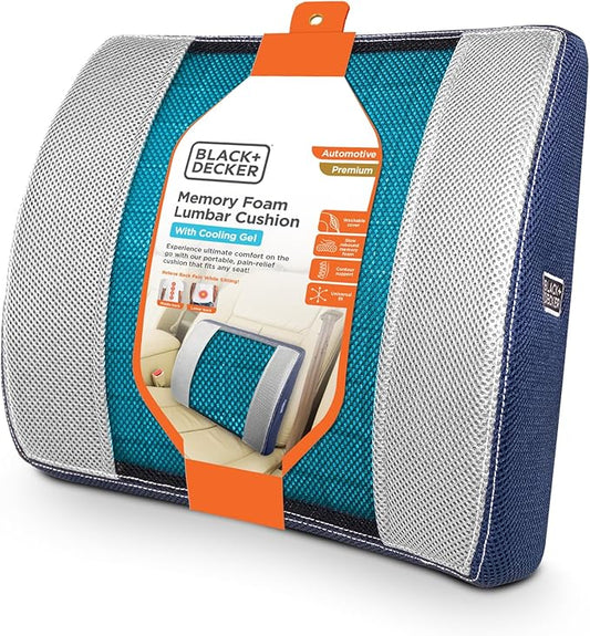 BLACK+DECKER Cooling Gel Lumbar Memory Foam Cushion – Ergonomic Back Support Travel Pillow with Ventilated Mesh, Adjustable Strap, Slow Rebound Memory Foam, Washable Cover