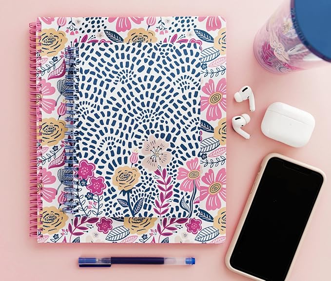 Steel Mill & Co Cute Large Spiral Notebook College Ruled, 11" x 9.5" with Durable Hardcover and 160 Lined Pages, Mosaic Floral