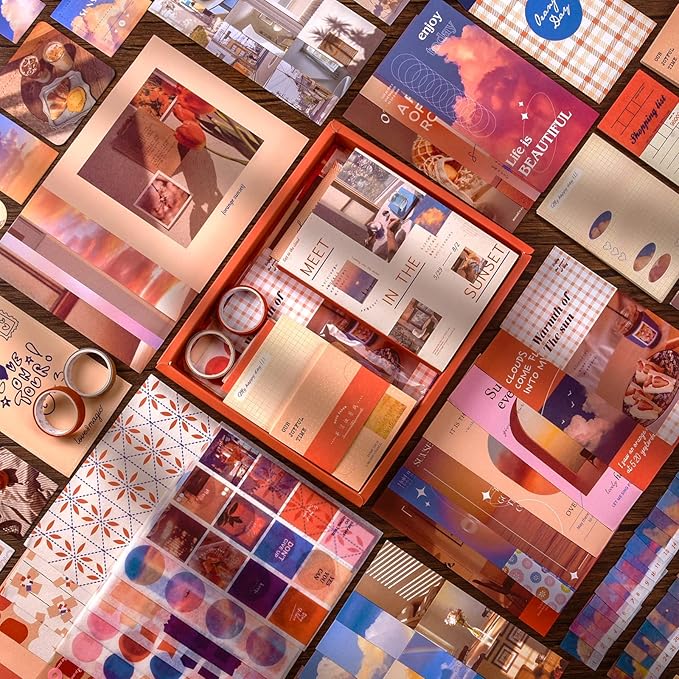 Scrapbooking Supplies Kit, 351pcs Bullet Junk Journal Kit with Journaling Supplies Aesthetic Scrapbook Paper A6 Grid Notebook, Scrapbook Kit, Art Craft DIY Gifts for Adult Teen Girl Kid Women, Sunset