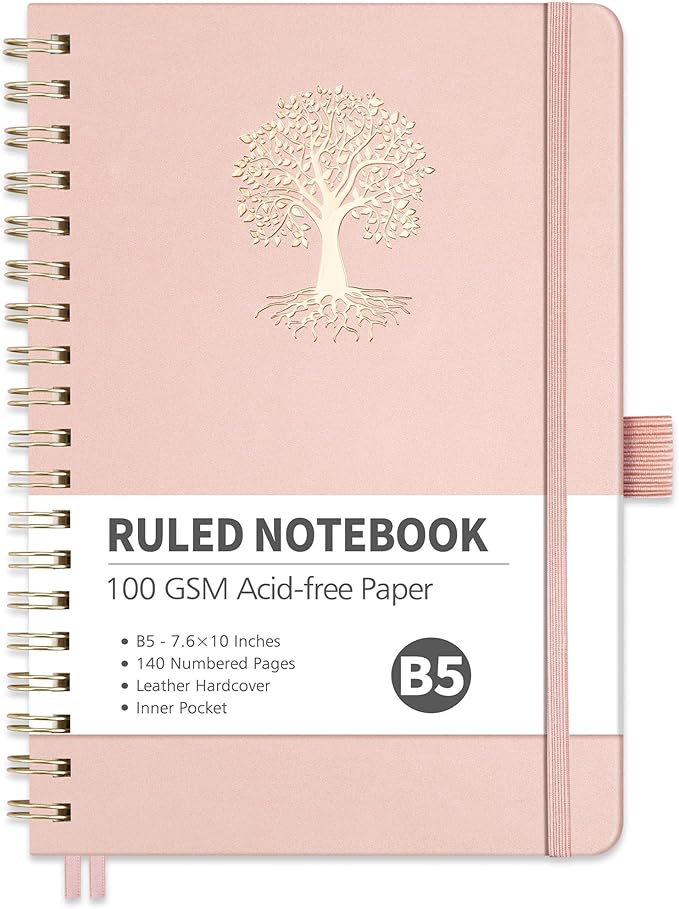 RETTACY Spiral Journal Notebook, 140 Numbered Pages, B5 Medium Size (7.6'' x 10''), for Men & Women, Journaling, Writing, Work & Office, Leather Hardcover, 100 GSM Thick Paper (Rose Gold)