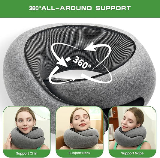 Badink® Memory Foam Neck Travel Pillow, Neck Pillow Airplane with MagicStrap – Adjustable Ergonomic Travel Pillow for Office/Airplane/Car, Washable Cover, Portable Cervical Support (Gray)
