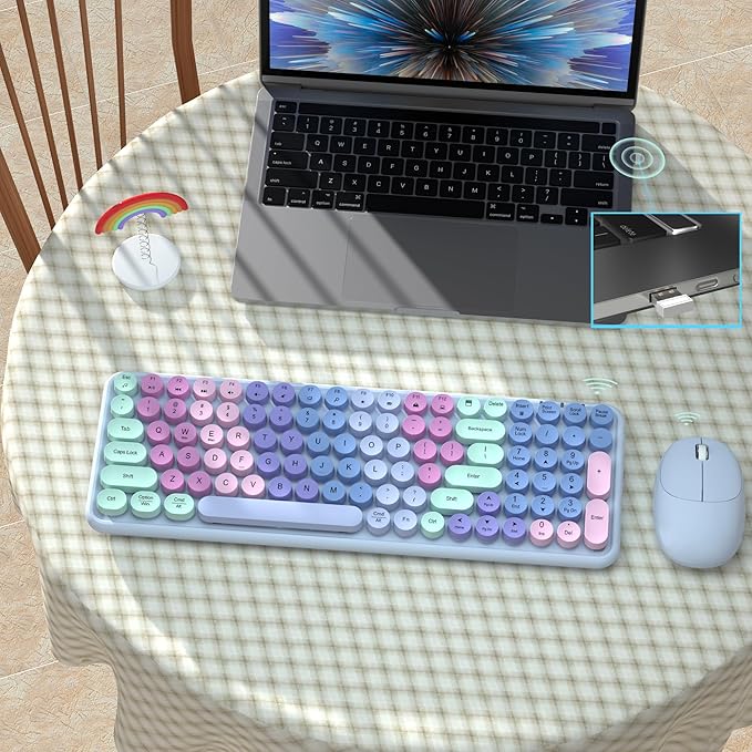 Colorful Wireless Keyboard Mouse Combo, Gradient Rainbow Colors 100 Keys and 2.4GHz Optical Mouse Connection for Windows, Mac, Laptop, PC, Desktop (Purple Colorful)