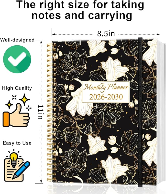 2025-2030 Monthly Planner - 64 Month PLanner Calendar from September 2025 to December 2030, Flexible Cover, Inner Pocket, 8.5" x 11", Perfect for Home | School | Office, White Gold Flower