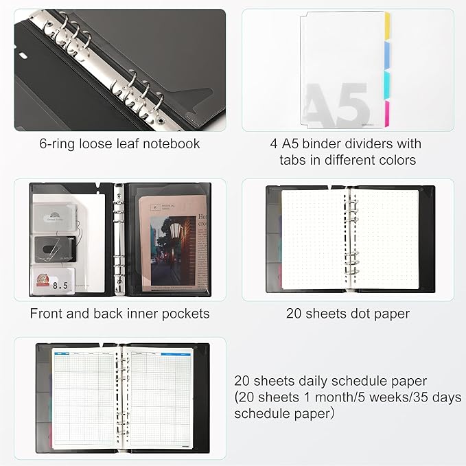 CAGIE A5 Binder 6 Ring Notebook with Dividers Refillable Planner Binder with Pockets, Refill Paper Include Planning Square Ruled and Dotted Pages, 6.89 x 9.25 in, (Grey and Purple, A5 Daily&Dot Page)