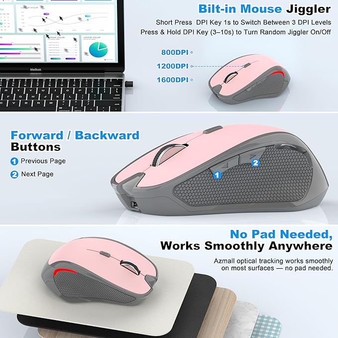 Bluetooth Wireless Computer Mouse for Laptop PC Mac, 2.4G Ergonomic Cordless Mouse Jiggler with USBA/USBC Receiver & Type-C Adapter, 3 DPI Levels 6 Buttons Rechargeable Mice for Office&Home-PINK