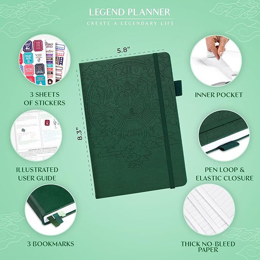 Legend Planner Hourly Schedule Edition – Deluxe Weekly & Daily Organizer with Time Slots. Time Management Appointment Book Journal for Work & Personal Life, Undated, A5 Hardcover – Dark Green Debossed
