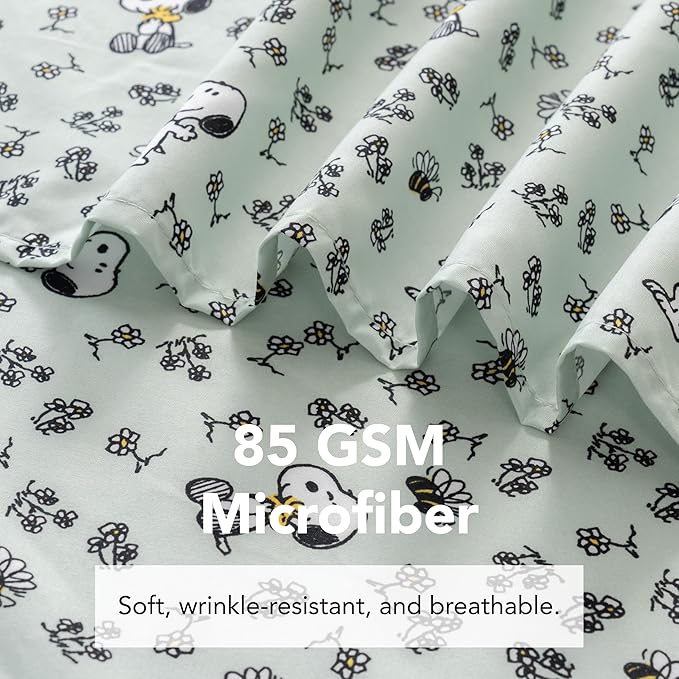 Berkshire Blanket Peanuts® Kids Sheet Set Full Size - 4 Pieces,Cute Character Snoopy Printed Soft Microfiber Bed Sheets,Mini Snoopy & Woodstock New Flower and Bees Sage