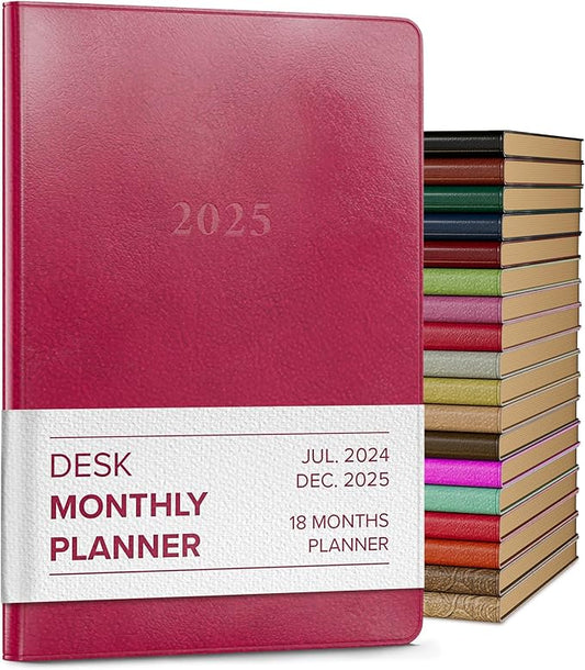 Gallery Leather Desk Monthly Planner 2025, Elegantly Bound Calendar Planner and Notebook with Stylish Gold-Gilded Page Edges, 18 Months - Acadia Wild Rose - 8 x 5.5 ”