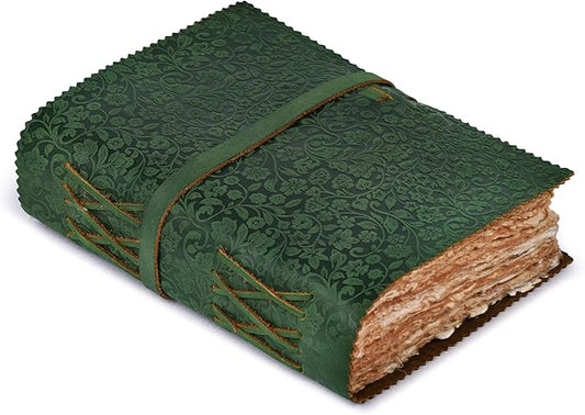 LEATHER VILLAGE Leather Bound Floral Embossed Journal for Women Men - 200 Pages, 8”X6”(A5), Green - Book of Shadows, Vintage Blank Paper Travel Diary, Notebook for Writing, Drawing, Sketchbook