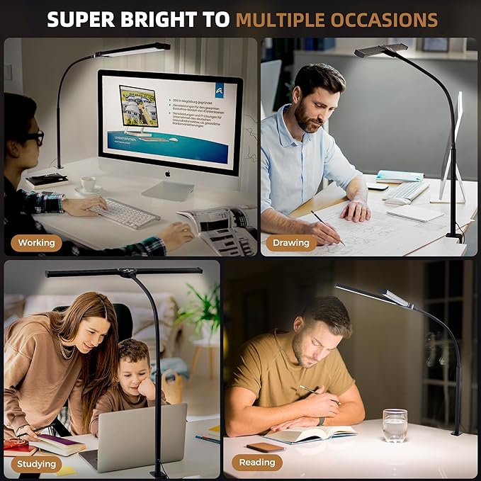Led Desk Lamp for Home Office, Eye-Care Architect Light with Clamp, Smart Double Head Computer Monitor Table Clip Lamp, Adjustable Flexible Gooseneck, 25 Lighting Models, Task Lamp, Black