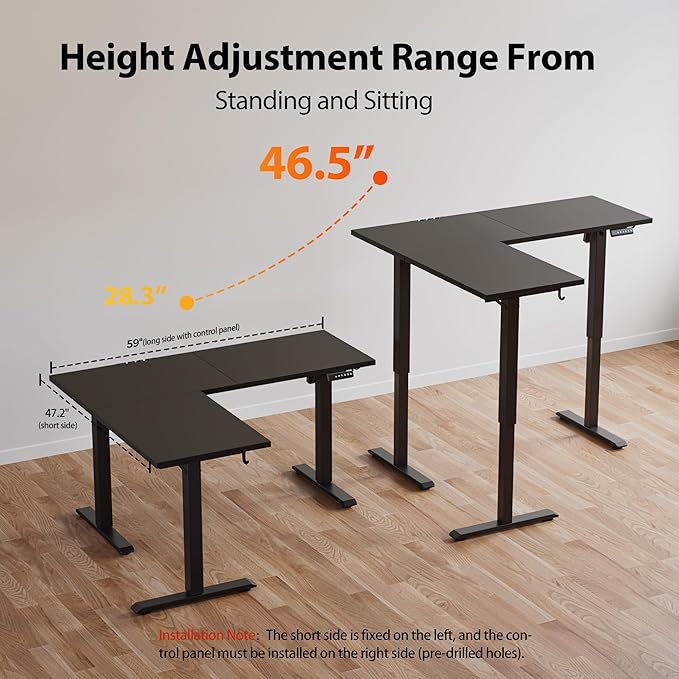 Agilestic 59 Inch L Shaped Standing Desk Adjustable Height, Electric Corner Standing Desk, Sit Stand Computer Table with Splice Board, Black