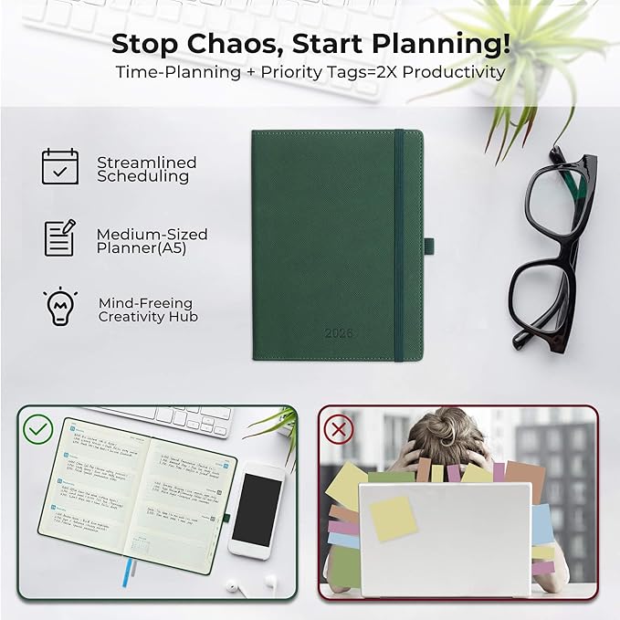 Weekly Monthly 2026 Planner (Jan.26-Dec.26),8.5"x6.5",12 Months Agenda Plan with Month Tabs & Pocket,Expenses/Note Pages, Appointment Book Calendar with Hardcover Vegan Leather Cover,Green