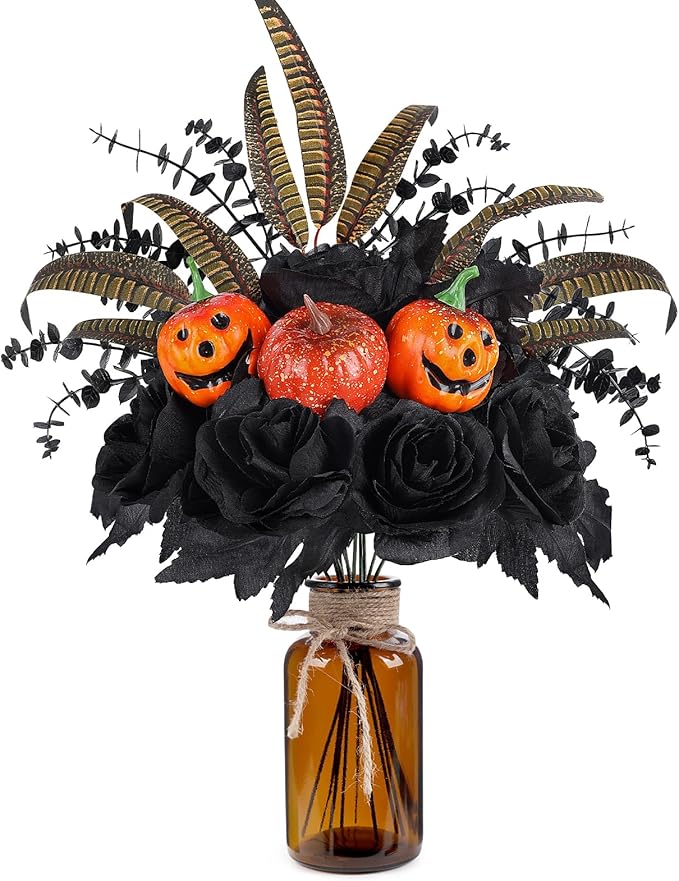 Halloween Artificial Flowers Decorations,Fake Black Roses Eucalyptus Pumpkins with Vase Arrangements Halloween Table Centerpiece for Kitchen Dining Living Room Home Indoor Decor