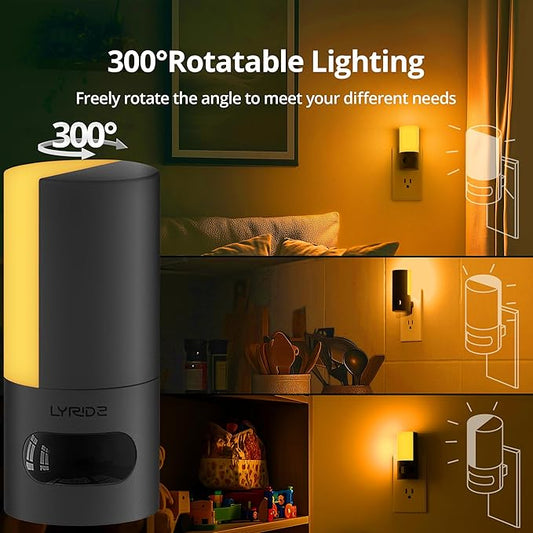 Lyridz Plug-in LED Amber Night Light with Motion Sensor, Rotatable, Dimmable Backlit Nightlight, 1-150lm Adjustable Brightness for Bathroom, Bedroom, Hallway, Stairs, 2 Pack