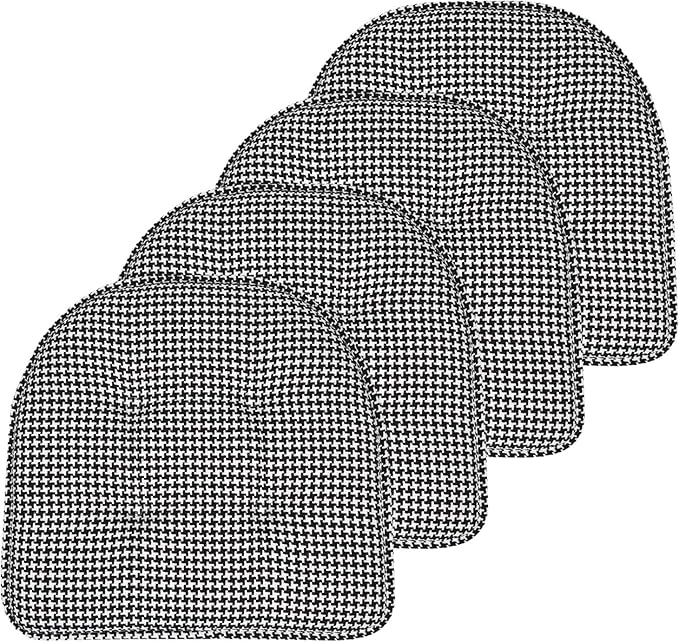 Sweet Home Collection Chair Cushion Memory Foam Pads Tufted Slip Non Skid Rubber Back U-Shaped 17" x 16" Seat Cover, 4 Count (Pack of 1), Houndsooth Black