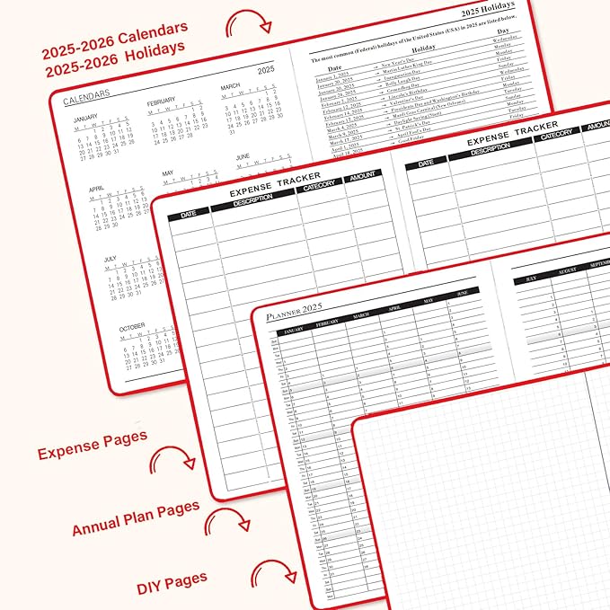 Daily Planner 2025-2026, Academic Planner 2025-2026 Weekly and Monthly Planner, Calendar Book with Hourly Schedule 8.5"x5.8", July 2025 to June 2026, Faux Leather Cover (Red)