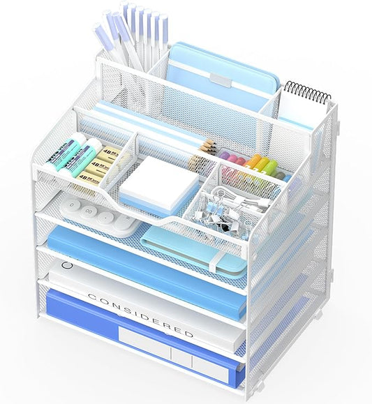 5 Tier Mesh Desk Organizer,Multi Functional Letter Paper Tray with 3 Pen Holders and 5 Adjustable Storage Compartments for Office Supplies Files and Mail Space Saving Desktop Organizer-White