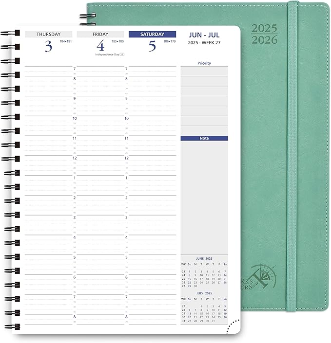 POPRUN 2025-2026 Academic Planner Spiral Bound, 8.5'' x 11.25'' Appointment Book (July 2025-June 2026) Quarter-Hourly Weekly Schedule, Leather Cover, Monthly Tabs, 2 Inner Pockets - Midnight Green